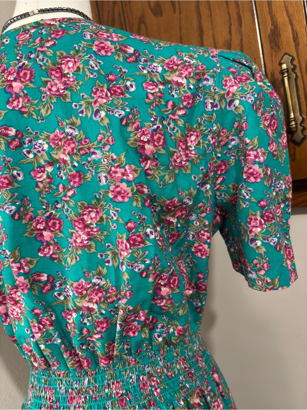 Miss Dorby Vintage Green and Pink Dress with Lace Yolk Collar Size 12P 80s Retro - Picture 7 of 10
